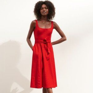 Linen-Cotton Square-Neck Dress in Ultra Red